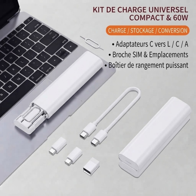 ST006 Pen‑Shaped 60W PD Fast Charge Cable Storage Kit, Multi‑Adapter Set with SIM & Memory Card Holder, Pocket‑Size Travel Digital Accessory