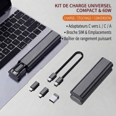 ST006 Kit de rangement de câble format stylo noir charge rapide PD 60W, ensemble multi‑adaptateurs avec rangement cartes SIM et mémoire, accessoire de voyage format poche