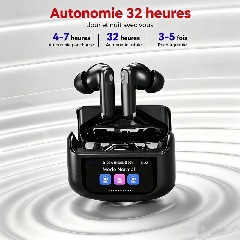 HE-076D Écouteurs Bluetooth sans fil ANC+ENC, boîtier de charge avec écran tactile couleur, haut‑parleur 13 mm, autonomie totale 32 h, intra‑auriculaires antibruit