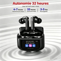 HE-076D Écouteurs Bluetooth sans fil ANC+ENC, boîtier de charge avec écran tactile couleur, haut‑parleur 13 mm, autonomie totale 32 h, intra‑auriculaires antibruit