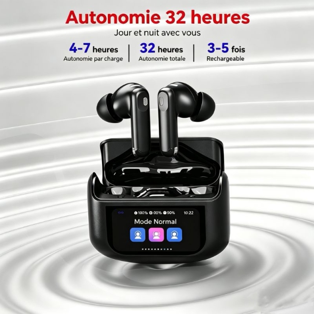 HE-076D Écouteurs Bluetooth sans fil ANC+ENC, boîtier de charge avec écran tactile couleur, haut‑parleur 13 mm, autonomie totale 32 h, intra‑auriculaires antibruit