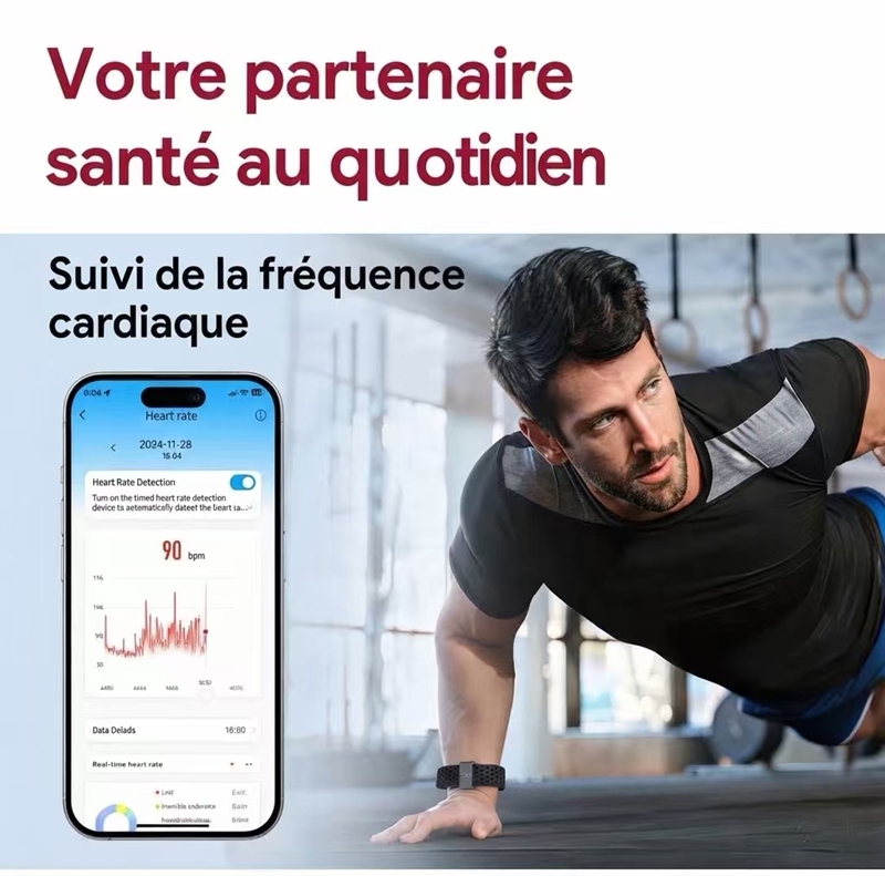 L02B Bracelet connecté fitness étanche IP68, surveillance fréquence cardiaque et VRC, compteur de calories, bande perforée respirante, sans écran
