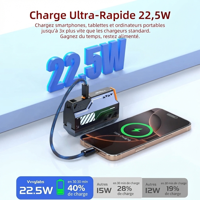 Banque d'alimentation modulaire à batterie interchangeable, charge rapide 22,5W, power bank extérieur style mécha, batterie remplaçable pour voyage et camping