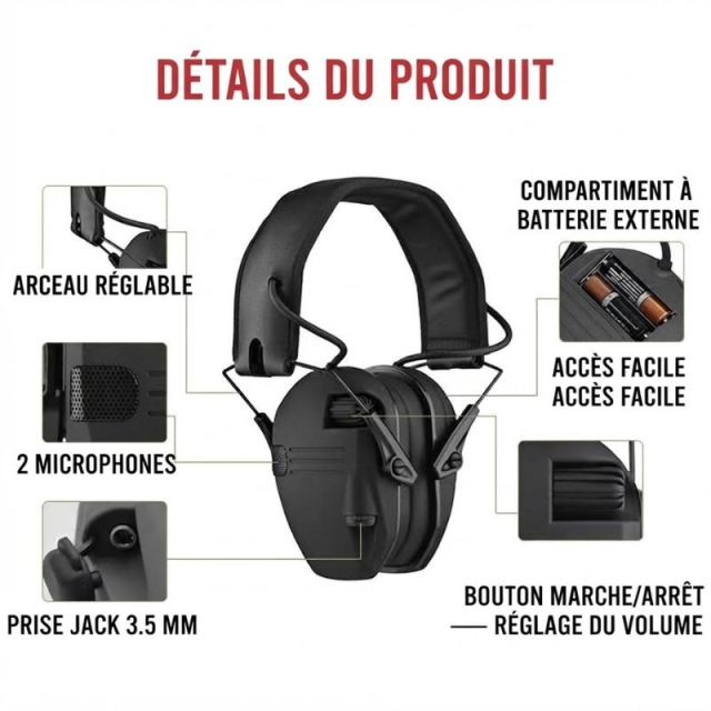 W1 Casque anti‑bruit électronique tactique pour tir, protection auditive NRR22, double micro amplification son ambiant, pliable pour tir et travaux industriels