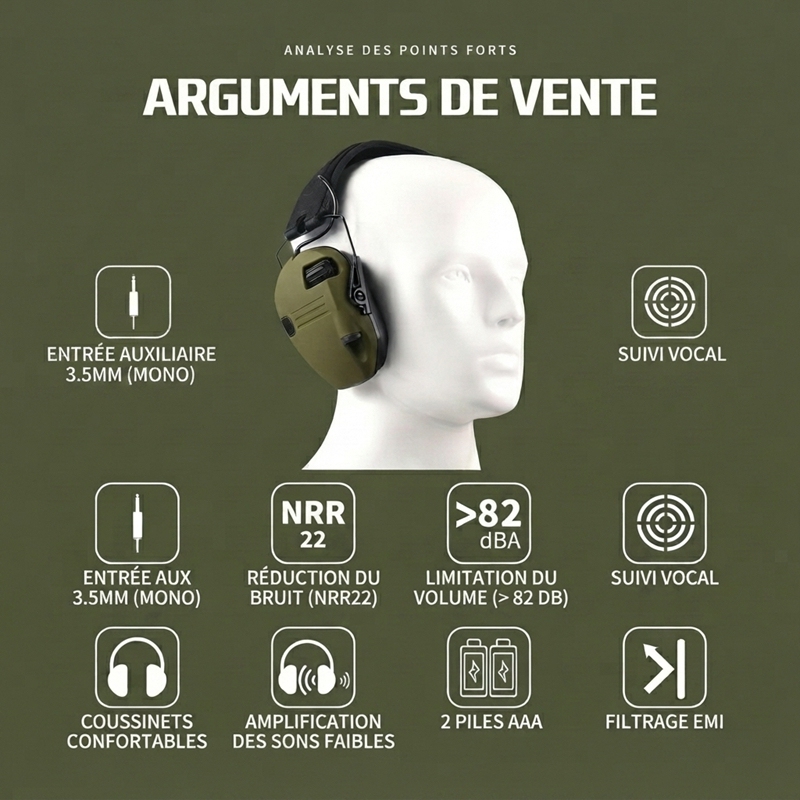 H01 Olive Green Tactical Electronic Shooting Earmuffs, NRR 22 Active Hearing Protection Headset, 360‑Degree Ambient Sound Perception, Dual‑Mic Sound Amplification, Foldable for Shooting Range & Industrial Work