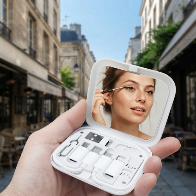 ST001 Boîte de rangement de câbles multifonction tout‑en‑un avec miroir maquillage et support téléphone, kit de câbles adaptateurs de voyage