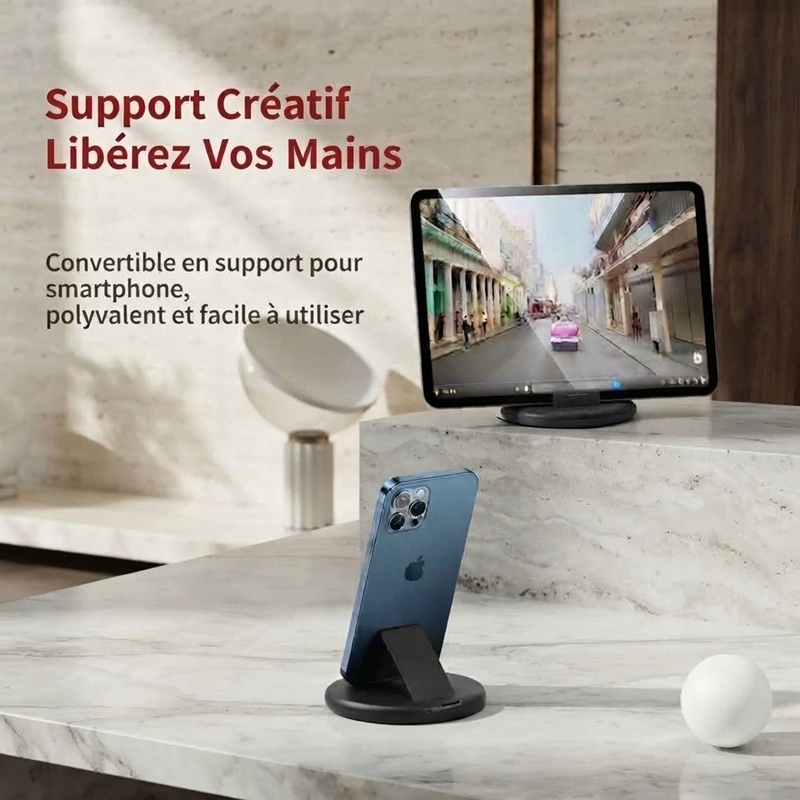ST002 Boîte de rangement de câbles multifonction ronde tout‑en‑un avec support téléphone intégré, kit numérique voyage multi‑adaptateur avec rangement cartes SIM