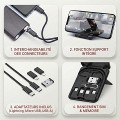 ST005 Boîte de rangement de câbles tout‑en‑un charge rapide PD 60W, câbles rétractables avec adaptateurs magnétiques, support téléphone intégré, rangement cartes SIM, kit numérique de voyage portable