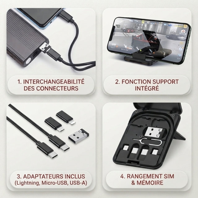 ST005 Boîte de rangement de câbles tout‑en‑un charge rapide PD 60W, câbles rétractables avec adaptateurs magnétiques, support téléphone intégré, rangement cartes SIM, kit numérique de voyage portable