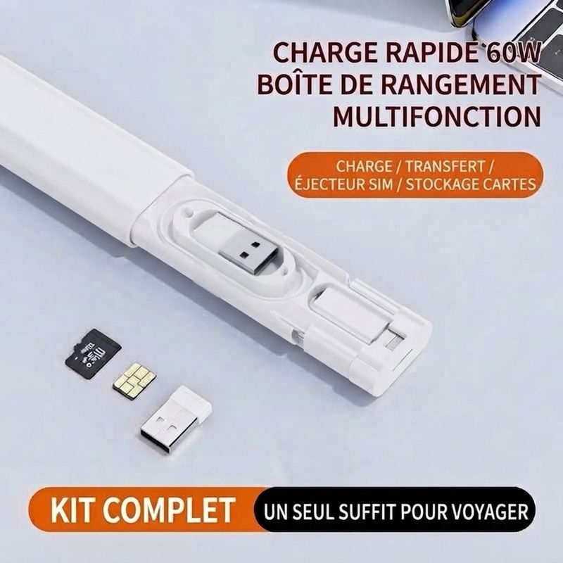 ST006 Pen‑Shaped 60W PD Fast Charge Cable Storage Kit, Multi‑Adapter Set with SIM & Memory Card Holder, Pocket‑Size Travel Digital Accessory