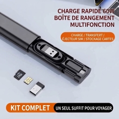 ST006 Kit de rangement de câble format stylo noir charge rapide PD 60W, ensemble multi‑adaptateurs avec rangement cartes SIM et mémoire, accessoire de voyage format poche