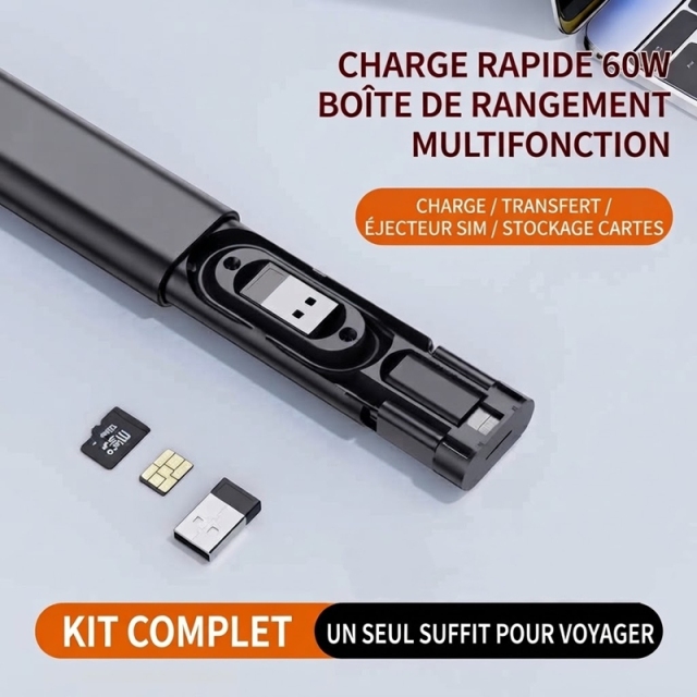 ST006 Kit de rangement de câble format stylo noir charge rapide PD 60W, ensemble multi‑adaptateurs avec rangement cartes SIM et mémoire, accessoire de voyage format poche