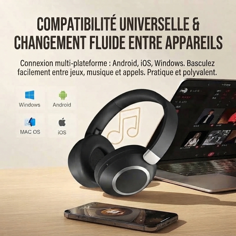 VJE85 Casque Bluetooth supra‑auriculaire à réduction de bruit ANC, autonomie 100H, coussinets respirants en cuir protéiné, appels clairs, basculement multi‑appareils