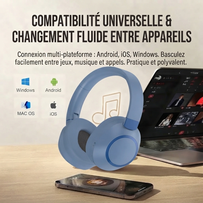 VJE85 Casque Bluetooth supra‑auriculaire à réduction de bruit ANC, autonomie 100H, coussinets en cuir protéiné respirant, appels nets, basculement multi‑appareils