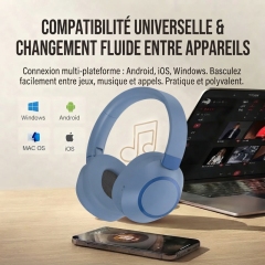 VJE85 Casque Bluetooth supra‑auriculaire à réduction de bruit ANC, autonomie 100H, coussinets en cuir protéiné respirant, appels nets, basculement multi‑appareils