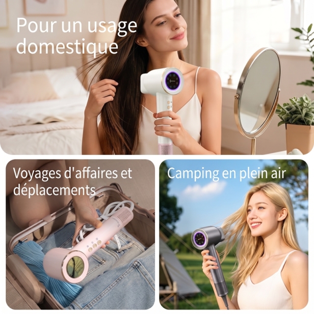 Sèche‑cheveux haute vitesse aux ions négatifs, moteur sans balais 110000 tr/min, séchage rapide silencieux avec buses magnétiques pour maison et voyage