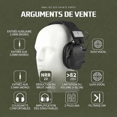 W1 Casque anti‑bruit électronique tactique pour tir, protection auditive NRR22, double micro amplification son ambiant, pliable pour tir et travaux industriels