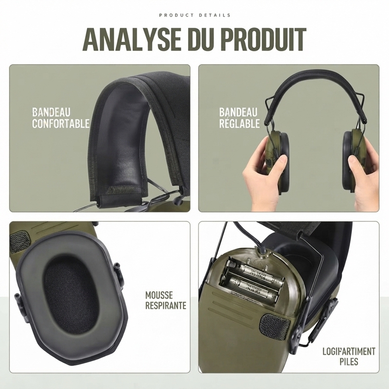 H01 Olive Green Tactical Electronic Shooting Earmuffs, NRR 22 Active Hearing Protection Headset, 360‑Degree Ambient Sound Perception, Dual‑Mic Sound Amplification, Foldable for Shooting Range & Industrial Work