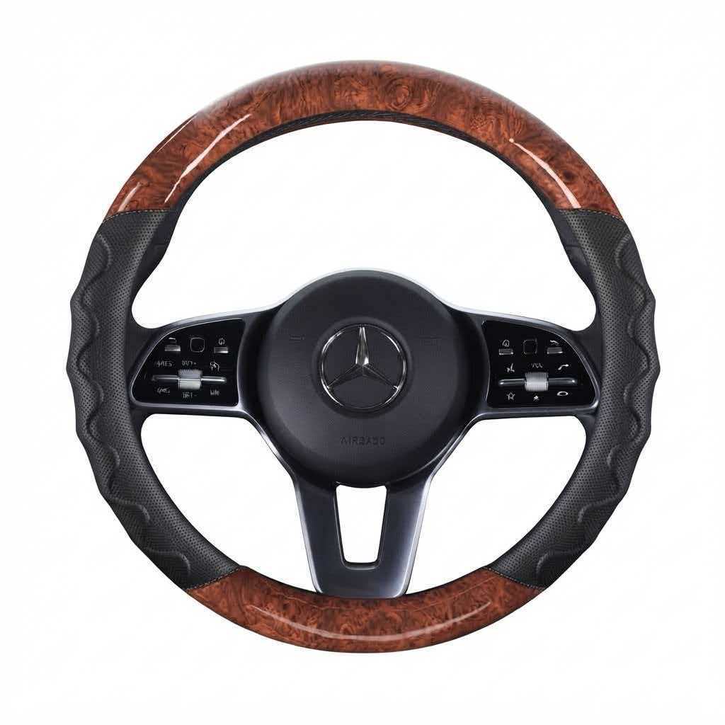 JX-025 Housse de volant automobile aspect bois, protection en cuir perforé respirant ergonomique à ondulations 3D, style affaires adaptabilité universelle