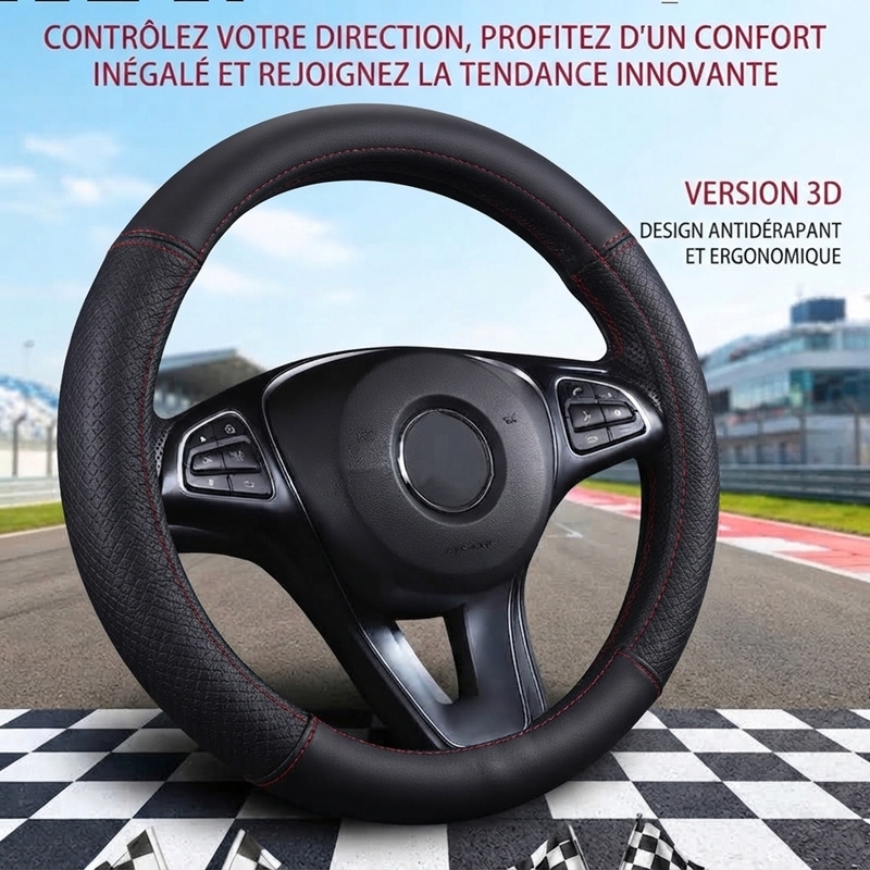 JX-026 Housse de volant automobile noire à coutures rouges, protection en cuir perforé respirant antidérapant, adaptabilité universelle