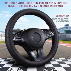 JX-026 Housse de volant automobile noire à coutures rouges, protection en cuir perforé respirant antidérapant, adaptabilité universelle