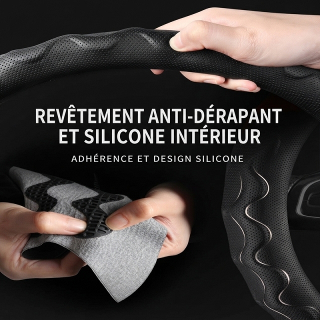 JX-025 Housse de volant automobile aspect bois, protection en cuir perforé respirant ergonomique à ondulations 3D, style affaires adaptabilité universelle