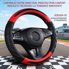 JX-024 Housse de volant automobile motif fibre de carbone rouge et noir, protection en cuir perforé respirant antidérapant ergonomique 3D à ondulations, adaptabilité universelle