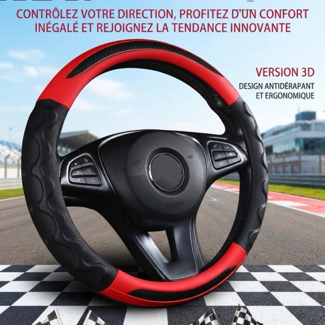 JX-024 Housse de volant automobile motif fibre de carbone rouge et noir, protection en cuir perforé respirant antidérapant ergonomique 3D à ondulations, adaptabilité universelle