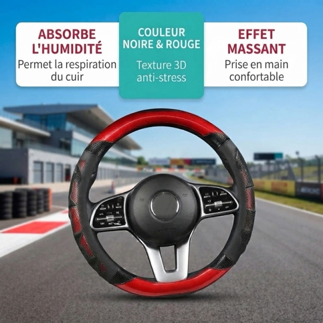 JX-022 Housse de volant automobile nid‑d’abeille fibre de carbone rouge‑noir, protection ergonomique 3D massante antidérapante respirante, adaptabilité universelle