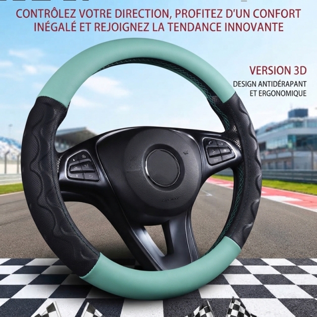 JX-019 Housse de volant automobile motif fibre de carbone vert menthe, protection ergonomique 3D antidérapante en cuir perforé respirant, adaptabilité universelle