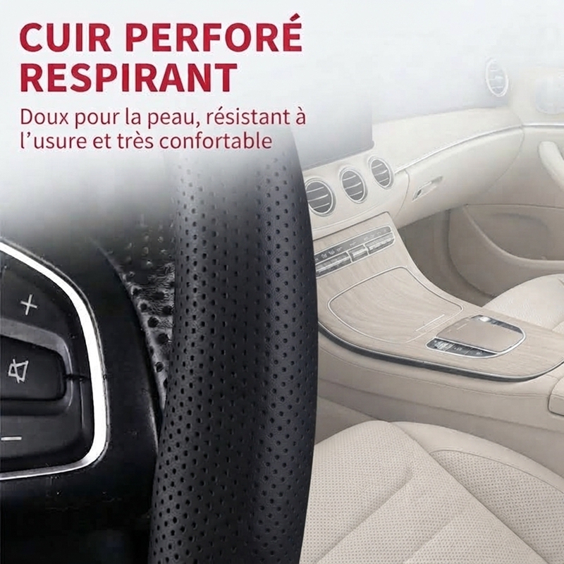 JX-026 Housse de volant automobile noire à coutures rouges, protection en cuir perforé respirant antidérapant, adaptabilité universelle