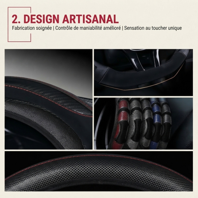 JX-023 Housse de volant automobile nid‑d’abeille fibre de carbone noir‑rouge, protection de volant 3D respirante antidérapante, adaptabilité universelle