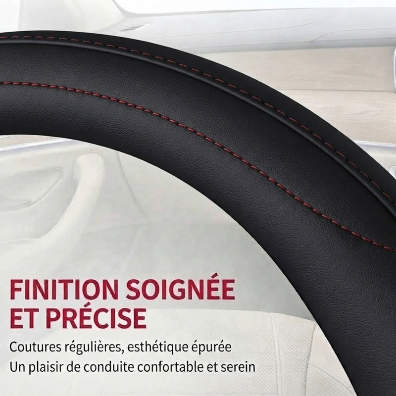 JX-026 Housse de volant automobile noire à coutures rouges, protection en cuir perforé respirant antidérapant, adaptabilité universelle