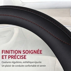 JX-026 Housse de volant automobile noire à coutures rouges, protection en cuir perforé respirant antidérapant, adaptabilité universelle