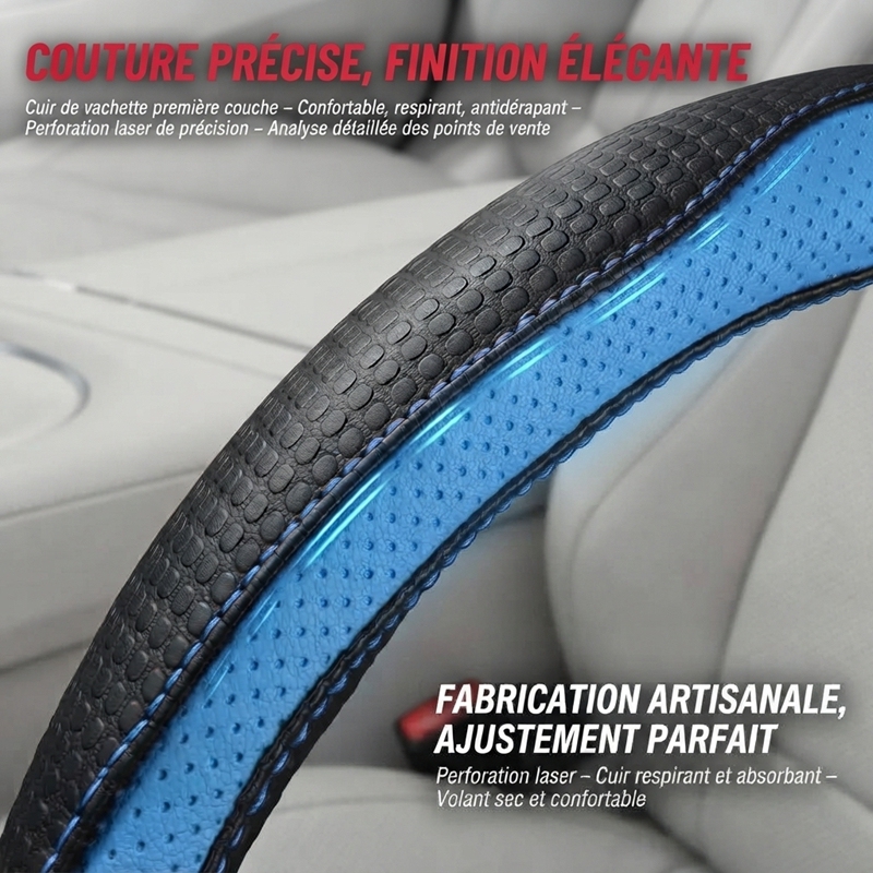 JX-021 Housse de volant automobile vague bleu et noir, protection en cuir perforé respirant antidérapant ergonomique 3D, adaptabilité universelle