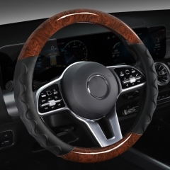 JX-025 Housse de volant automobile aspect bois, protection en cuir perforé respirant ergonomique à ondulations 3D, style affaires adaptabilité universelle