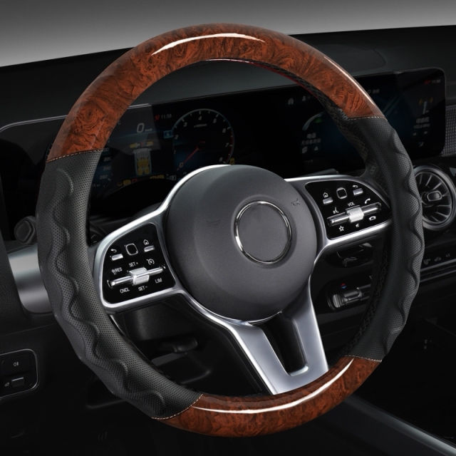 JX-025 Housse de volant automobile aspect bois, protection en cuir perforé respirant ergonomique à ondulations 3D, style affaires adaptabilité universelle