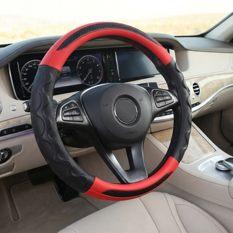 JX-024 Housse de volant automobile motif fibre de carbone rouge et noir, protection en cuir perforé respirant antidérapant ergonomique 3D à ondulations, adaptabilité universelle