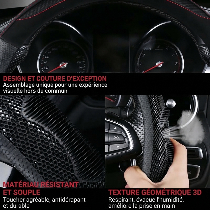 JX-023 Housse de volant automobile nid‑d’abeille fibre de carbone noir‑rouge, protection de volant 3D respirante antidérapante, adaptabilité universelle