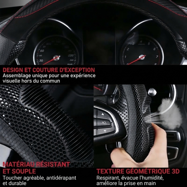 JX-023 Housse de volant automobile nid‑d’abeille fibre de carbone noir‑rouge, protection de volant 3D respirante antidérapante, adaptabilité universelle