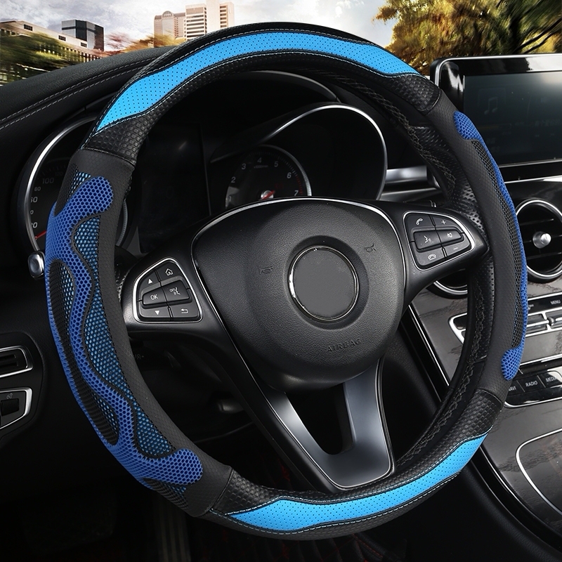 JX-021 Housse de volant automobile vague bleu et noir, protection en cuir perforé respirant antidérapant ergonomique 3D, adaptabilité universelle
