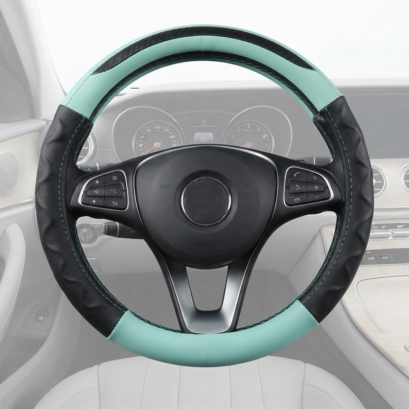 JX-019 Housse de volant automobile motif fibre de carbone vert menthe, protection ergonomique 3D antidérapante en cuir perforé respirant, adaptabilité universelle