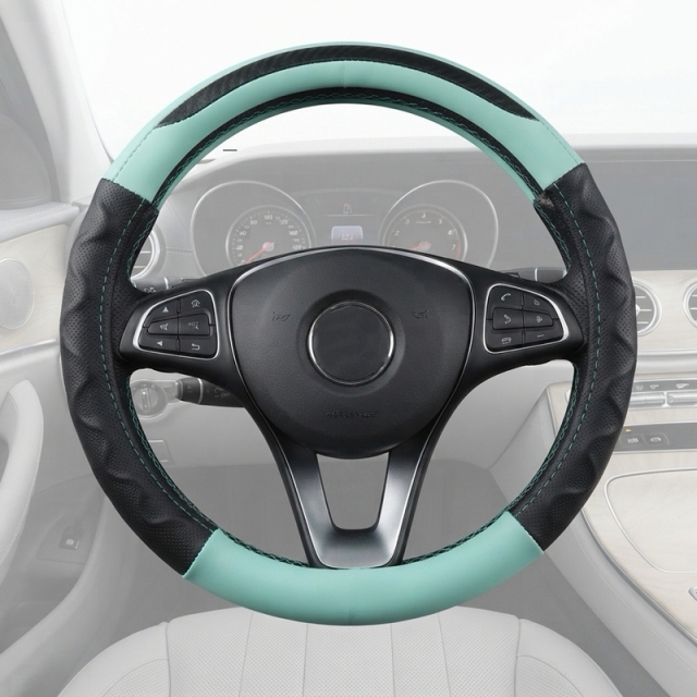 JX-019 Housse de volant automobile motif fibre de carbone vert menthe, protection ergonomique 3D antidérapante en cuir perforé respirant, adaptabilité universelle