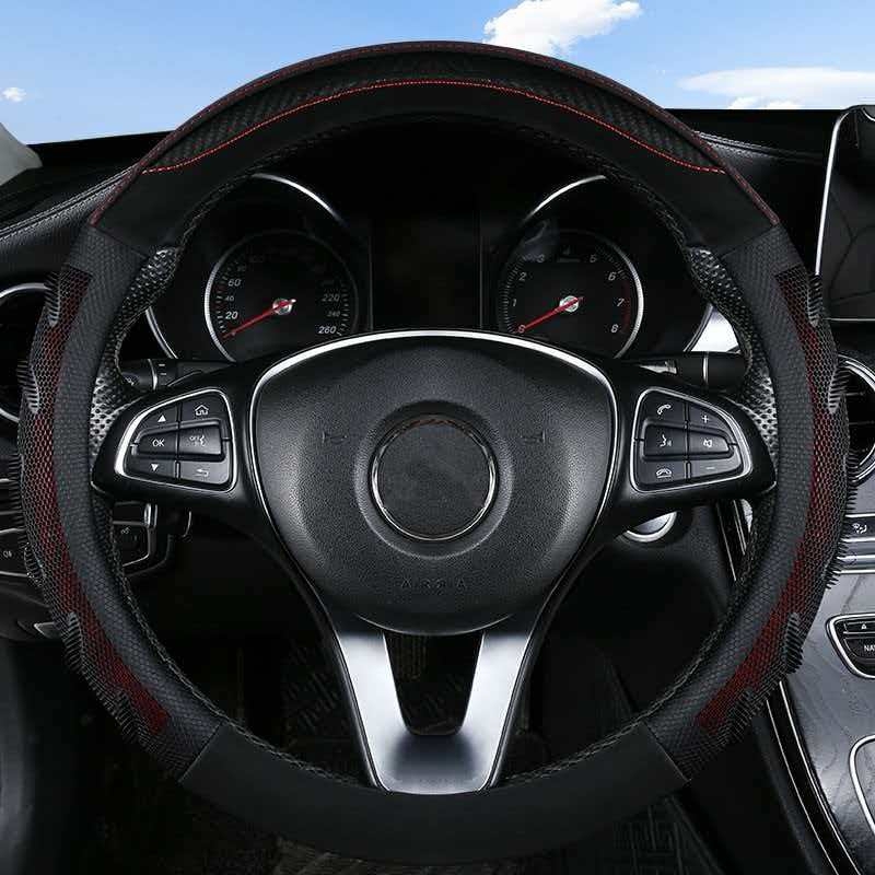 JX-023 Housse de volant automobile nid‑d’abeille fibre de carbone noir‑rouge, protection de volant 3D respirante antidérapante, adaptabilité universelle