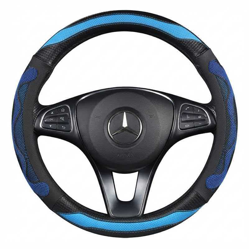JX-021 Housse de volant automobile vague bleu et noir, protection en cuir perforé respirant antidérapant ergonomique 3D, adaptabilité universelle