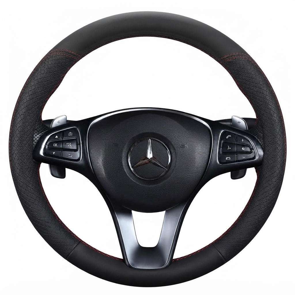 JX-026 Housse de volant automobile noire à coutures rouges, protection en cuir perforé respirant antidérapant, adaptabilité universelle