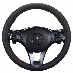 JX-026 Housse de volant automobile noire à coutures rouges, protection en cuir perforé respirant antidérapant, adaptabilité universelle