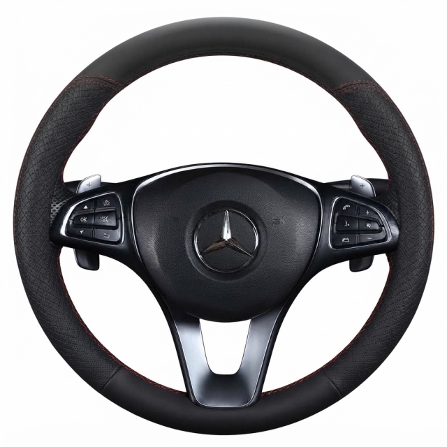 JX-026 Housse de volant automobile noire à coutures rouges, protection en cuir perforé respirant antidérapant, adaptabilité universelle