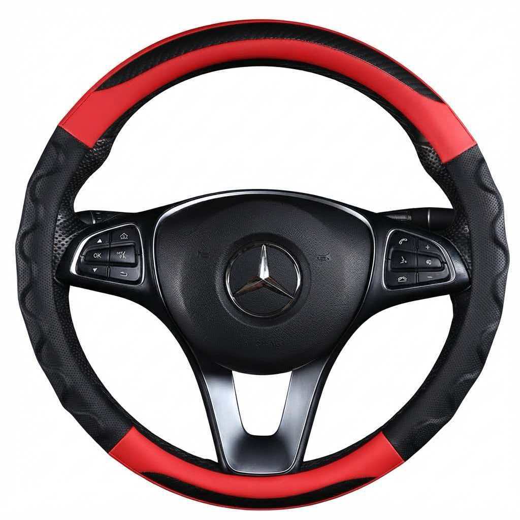 JX-024 Housse de volant automobile motif fibre de carbone rouge et noir, protection en cuir perforé respirant antidérapant ergonomique 3D à ondulations, adaptabilité universelle