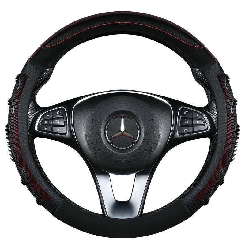 JX-023 Housse de volant automobile nid‑d’abeille fibre de carbone noir‑rouge, protection de volant 3D respirante antidérapante, adaptabilité universelle